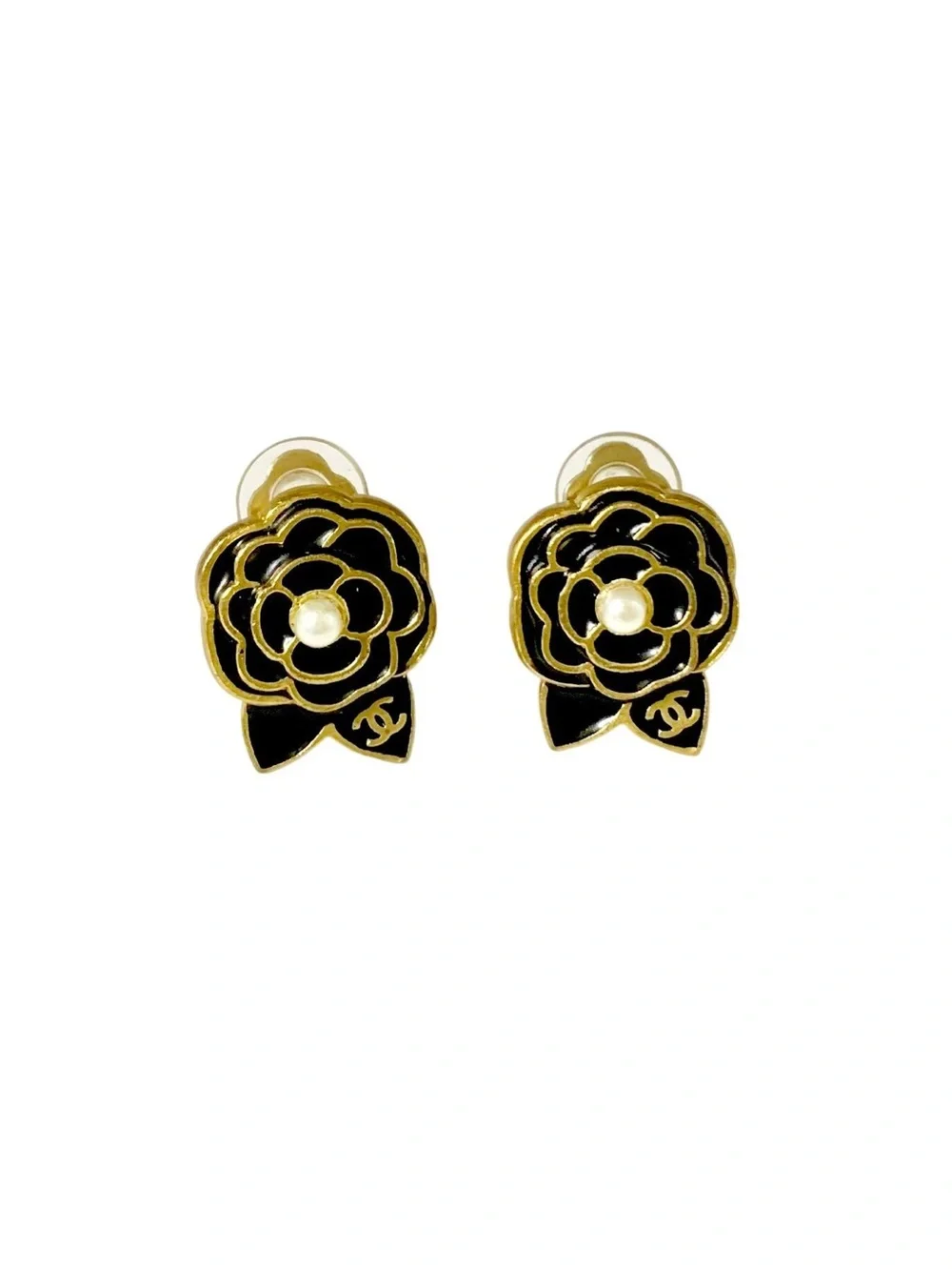 Authentic CHANEL 2001 black gold camellia mini clip on earrings